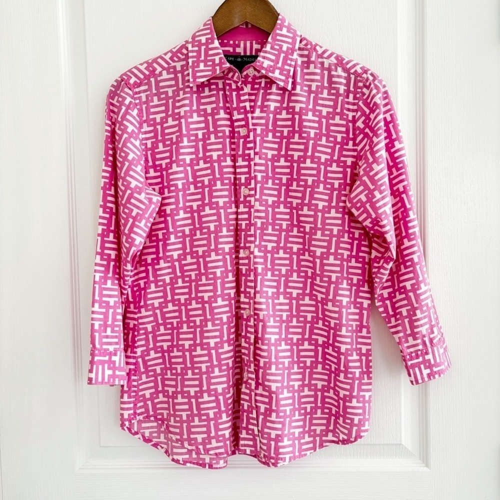 Cape Madras Pink Geometric Print Button Front Shirt Medium Preppy Spring
